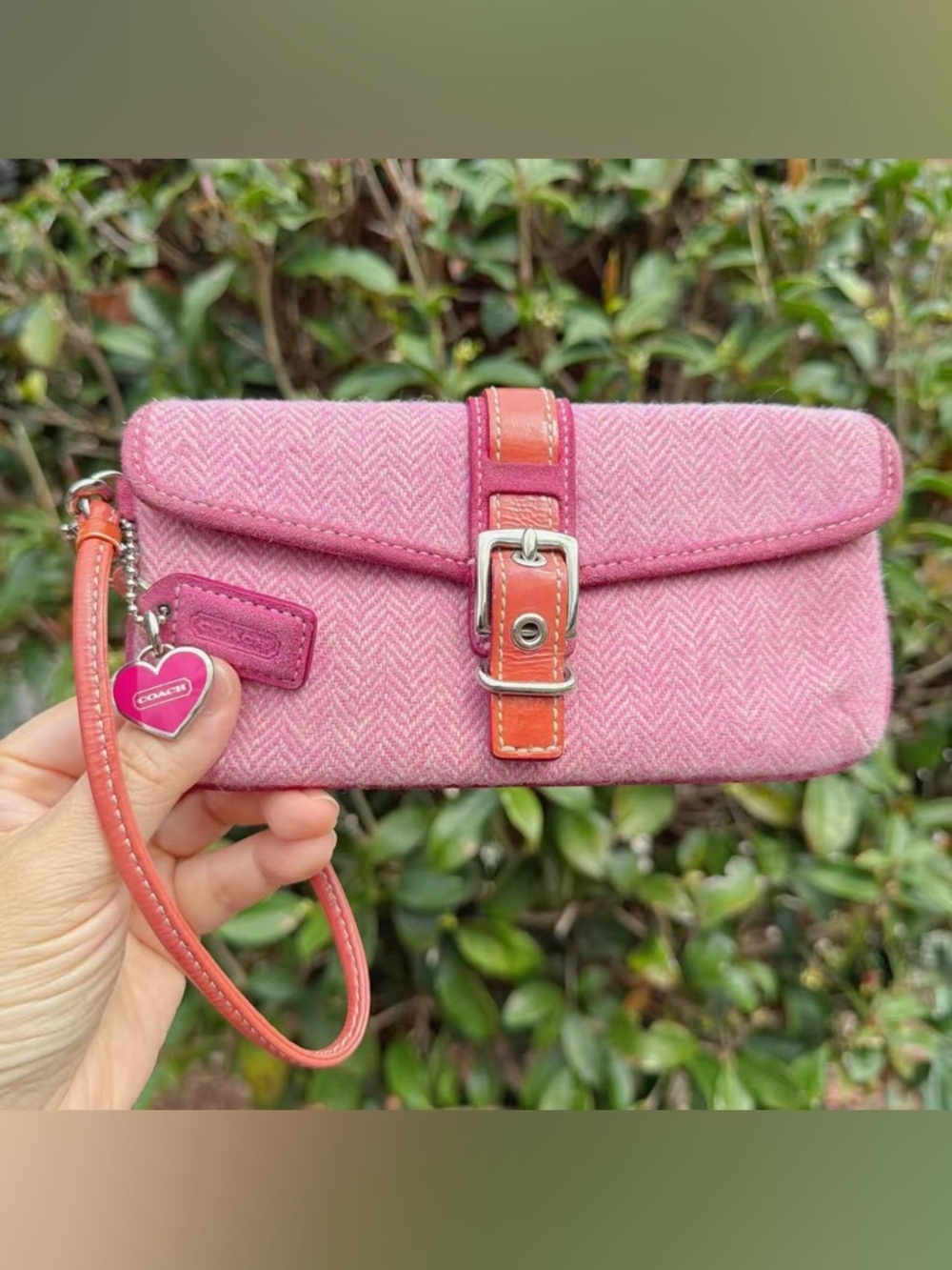Coach Vintage Pink Herringbone Wristlet Clutch with Leather Trim & Heart Charm